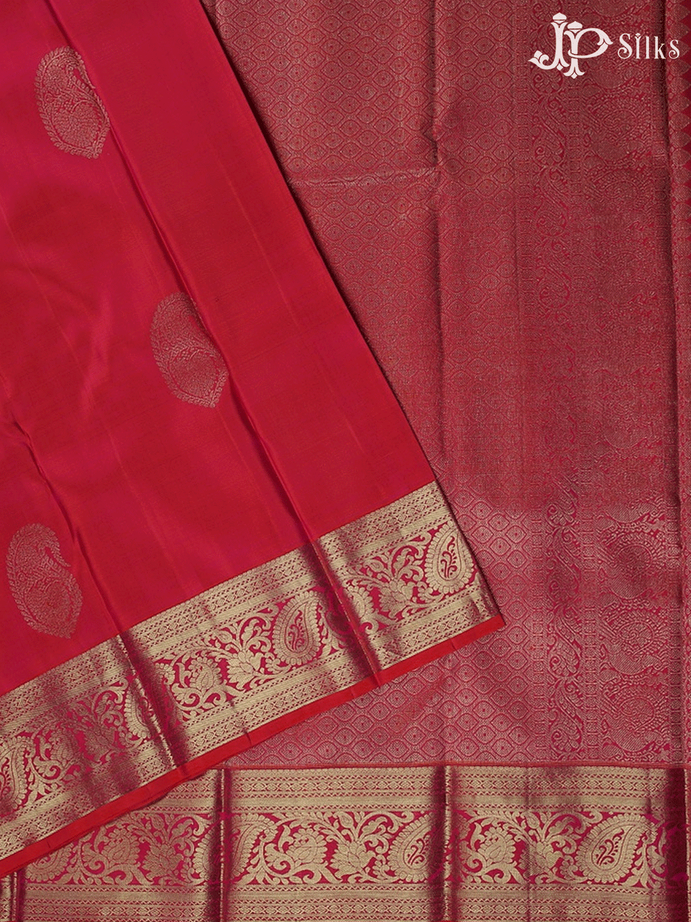 Pinkish Red Paisley Motif Kanchipuram Silk Saree - A1328 - View 1