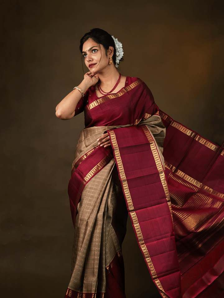 Grey with Maroon Kanchipuram Silk Saree - F2205