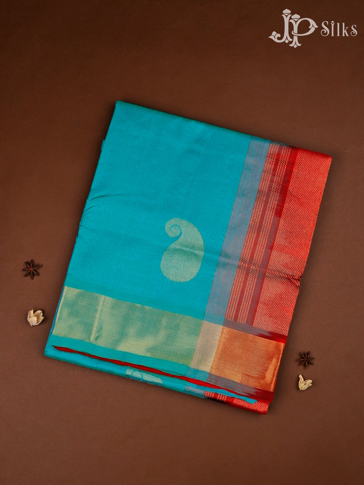 Teal Green And Red Silk Cotton Saree - F3514