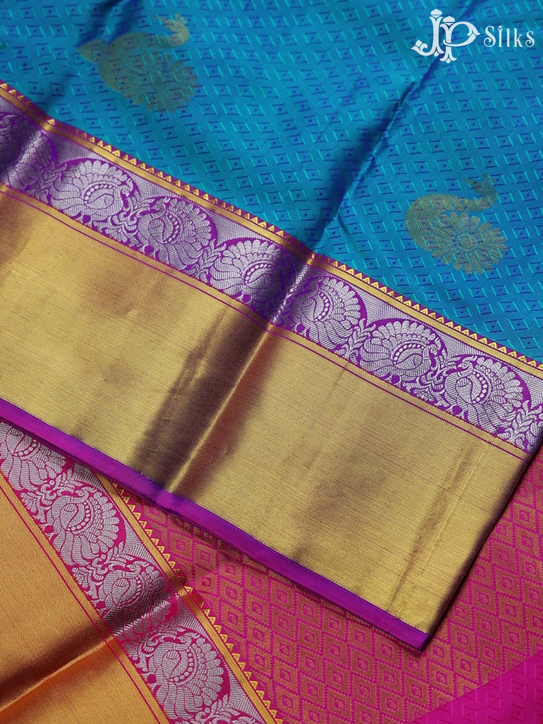 Teal Blue with Rani Pink Silk Saree - A3476 - View 4