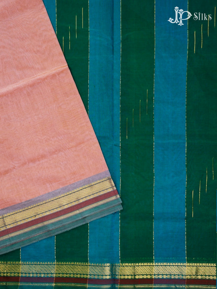 Peach, Teal Blue And Bottle Green Silk Cotton Saree - F3507