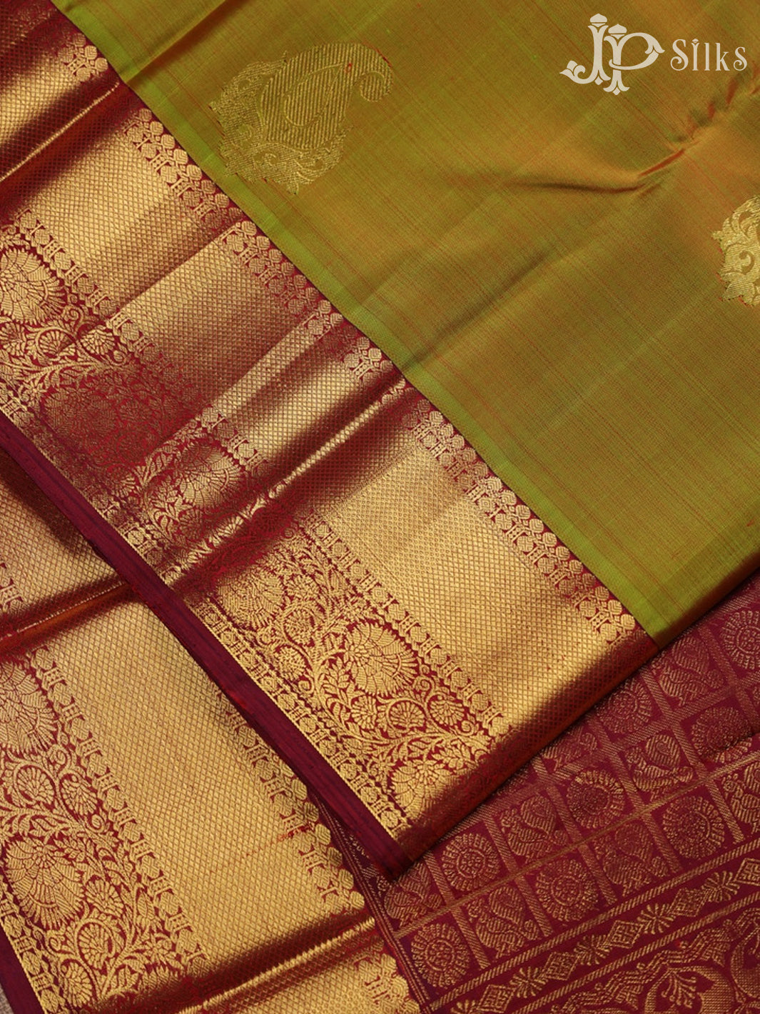 Mustard Green Dual Tone and Maroon Kanchipuram Silk Saree - D63