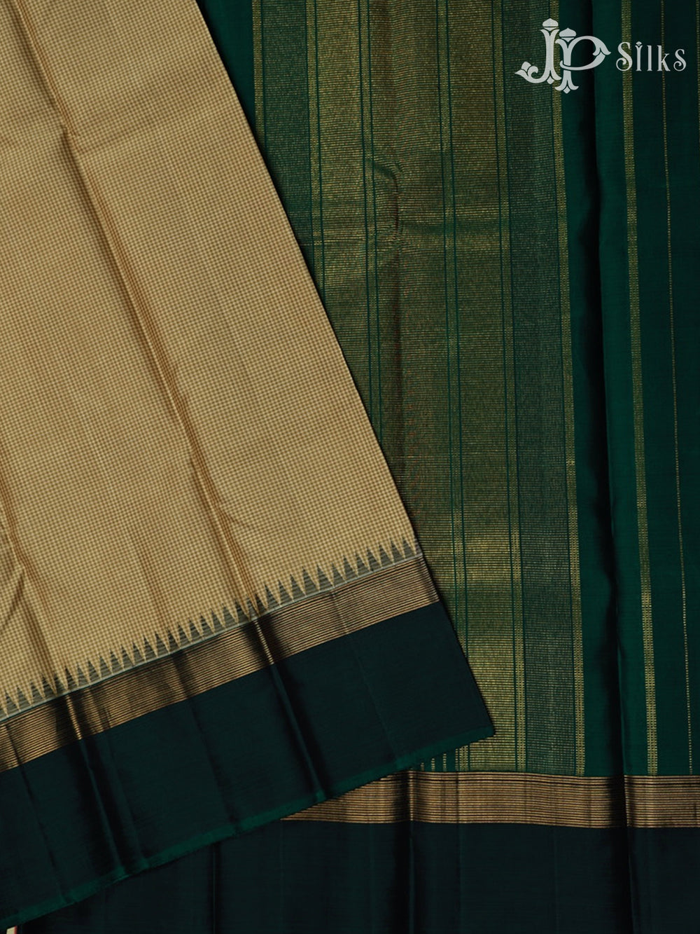 Beige and Bottle Green Kanchipuram Silk Saree - E5213 - View 2