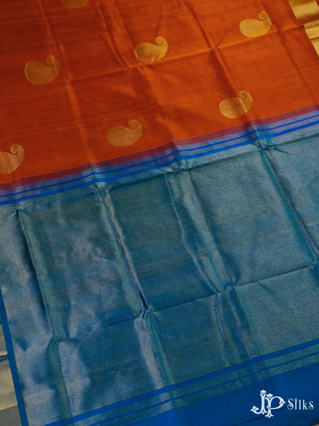 Orange And Teal Blue Silk Cotton Saree - F3513