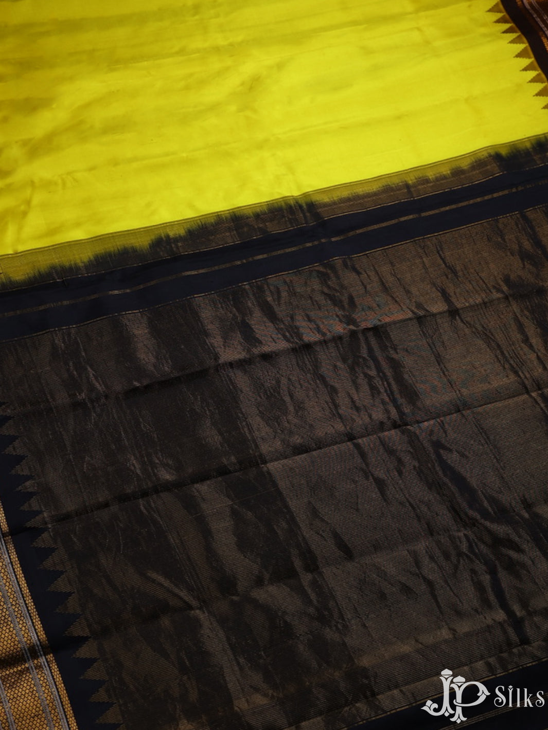 Lime Yellow and Black Gadwal Silk Saree - A3605