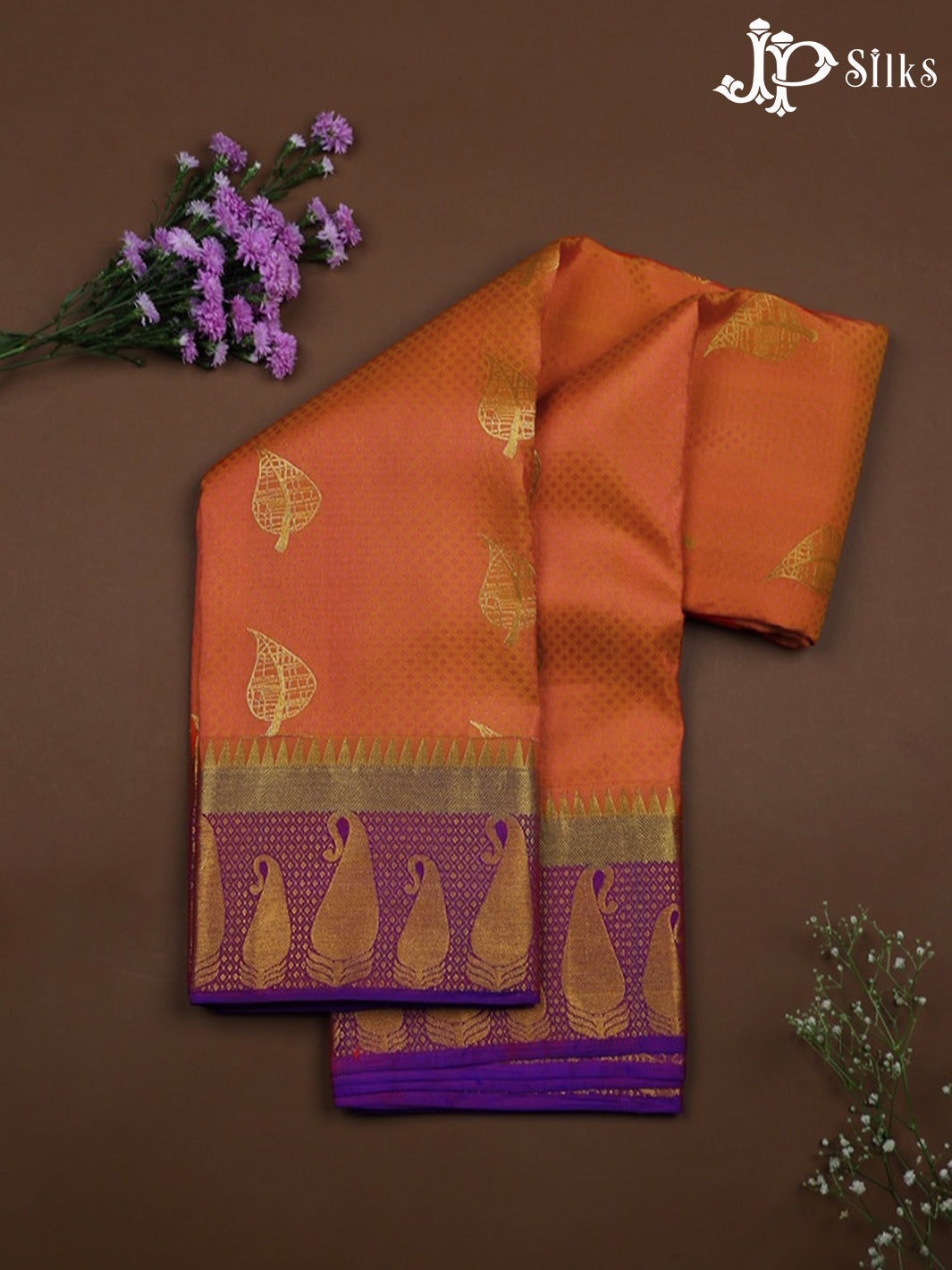 Orange with Purple Kanchipuram Silk Saree - A6082- View 1