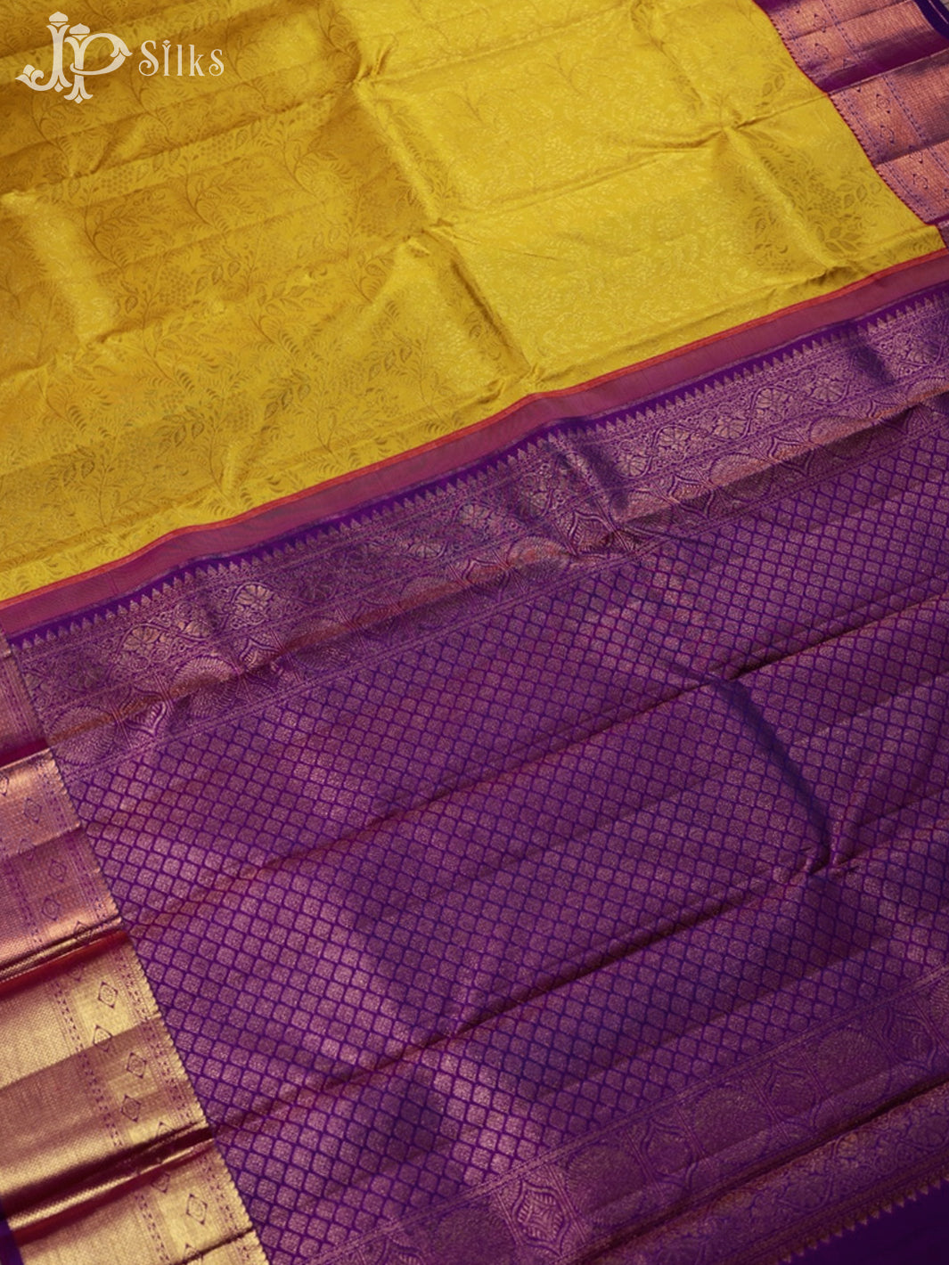 Yellow with Purple Bridal Kanchipuram Silk Saree - E5001 - View 3