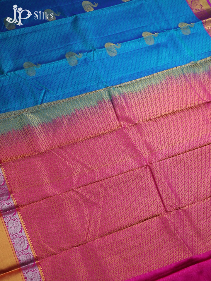 Teal Blue with Rani Pink Silk Saree - A3476 - View 3