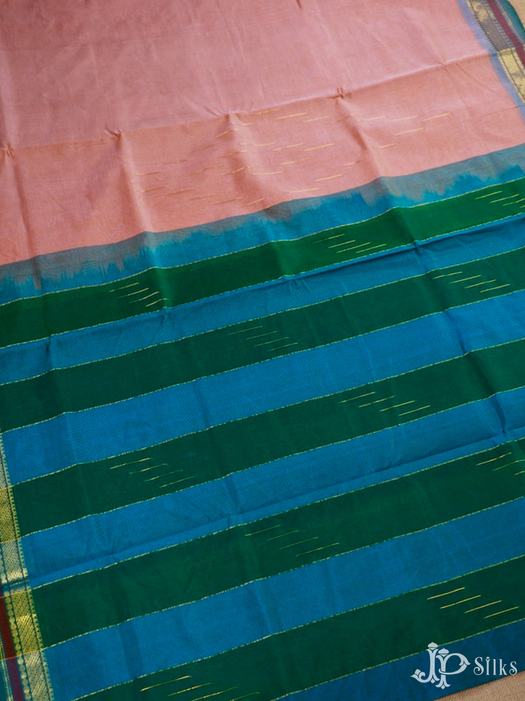 Peach, Teal Blue And Bottle Green Silk Cotton Saree - F3507