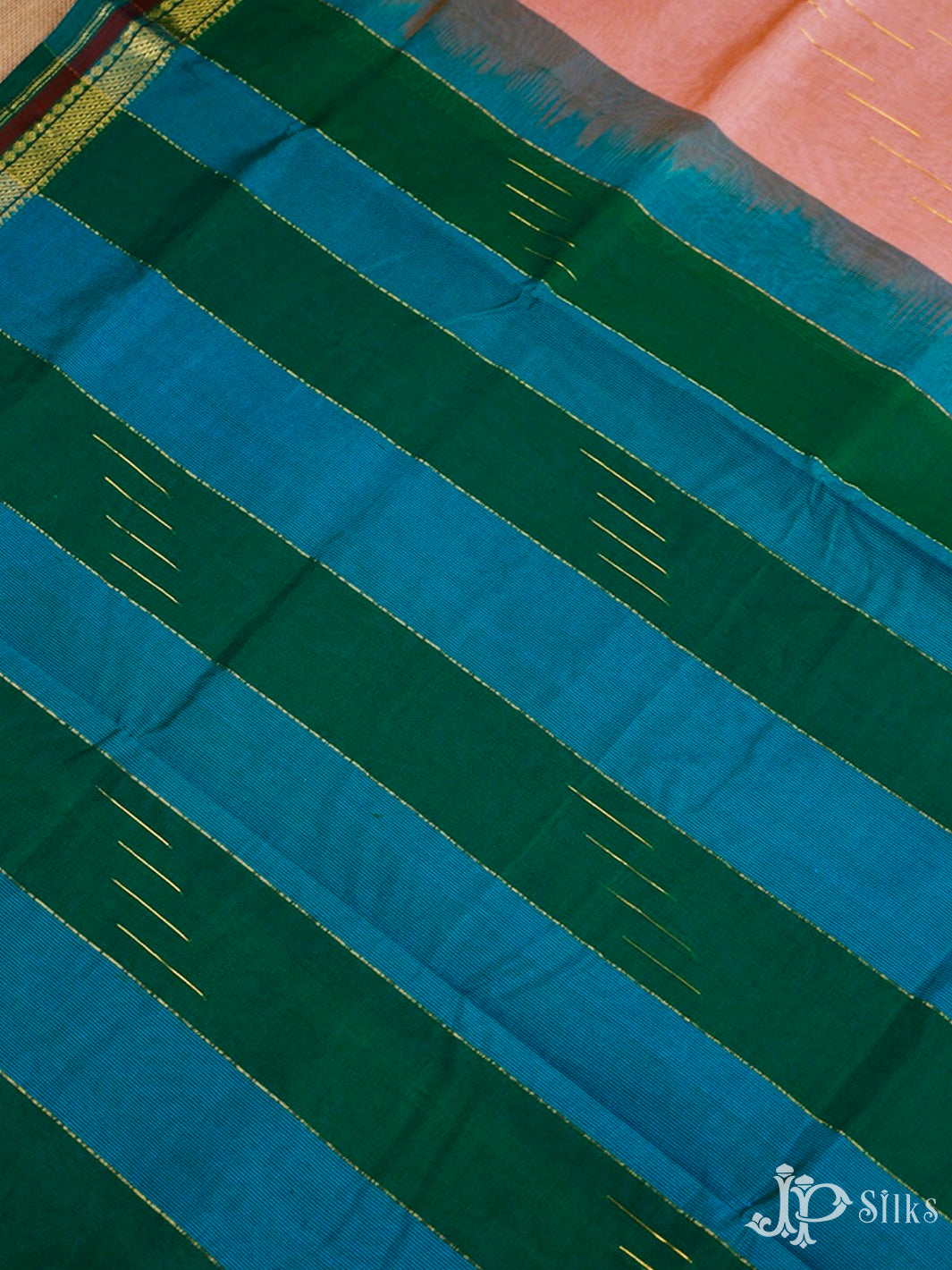 Peach, Teal Blue And Bottle Green Silk Cotton Saree - F3507