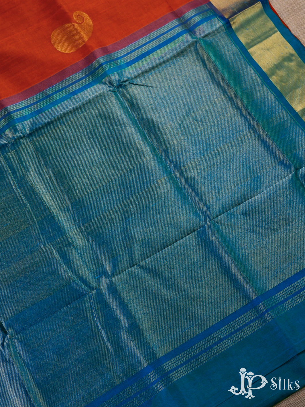 Orange And Teal Blue Silk Cotton Saree - F3513