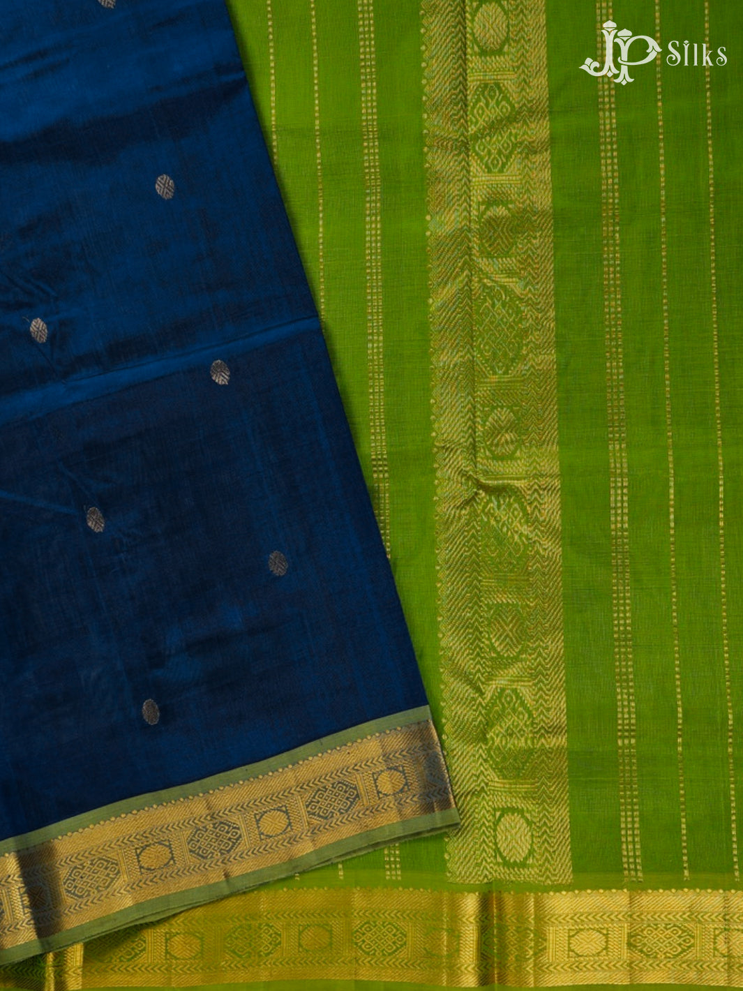 Classic Blue And Parrot Green Silk Cotton Saree - F3508