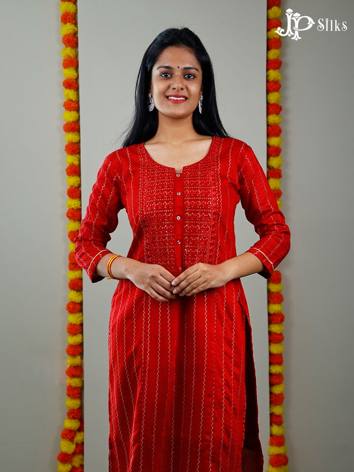 Red Zigzag Design Readymade Kurti Top