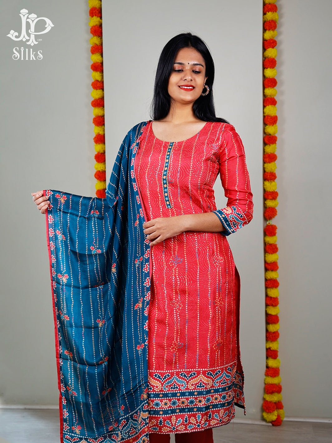 Reddish Pink And Sea Blue Bandhini Print Readymade Salwar Suit