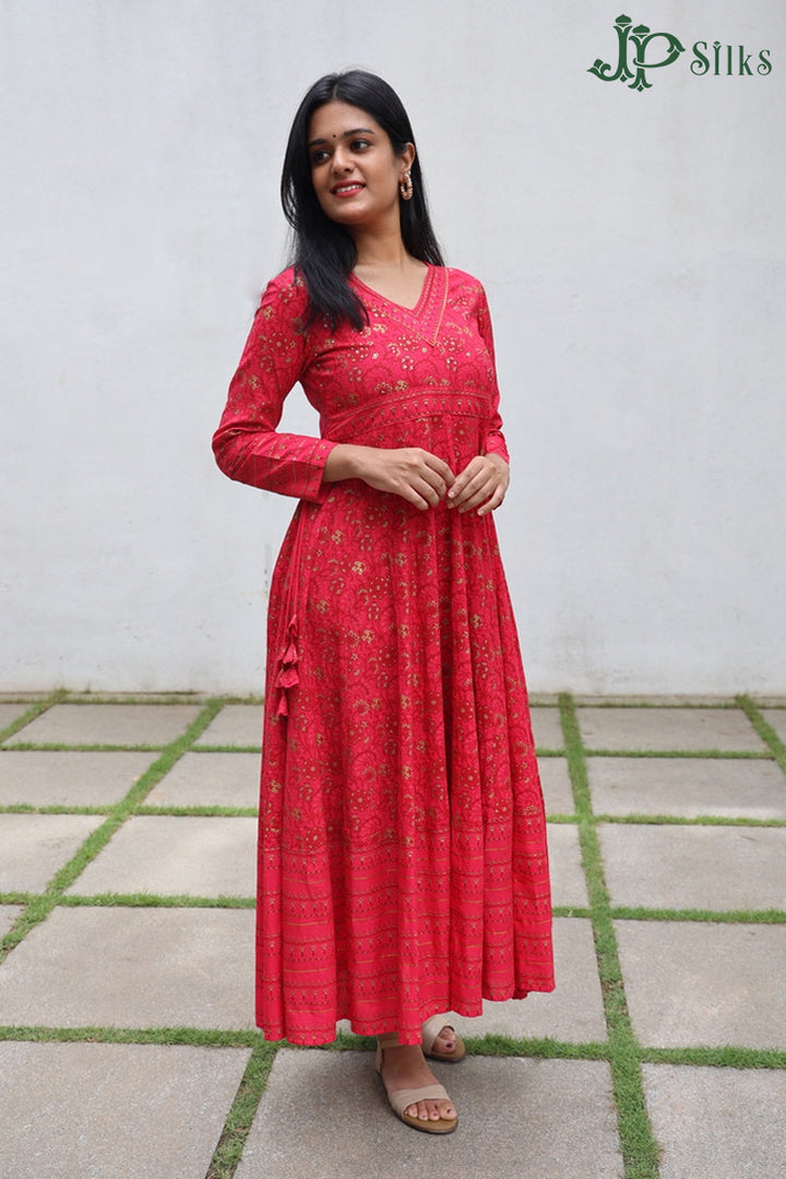 Red Floral Design Readymade Long-Dress