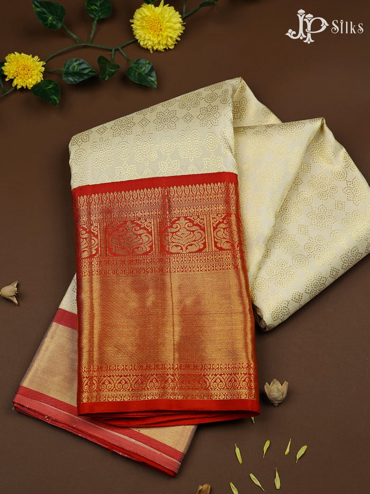 Half White with Red Kanchipuram Silk Saree - A1301 - View 1