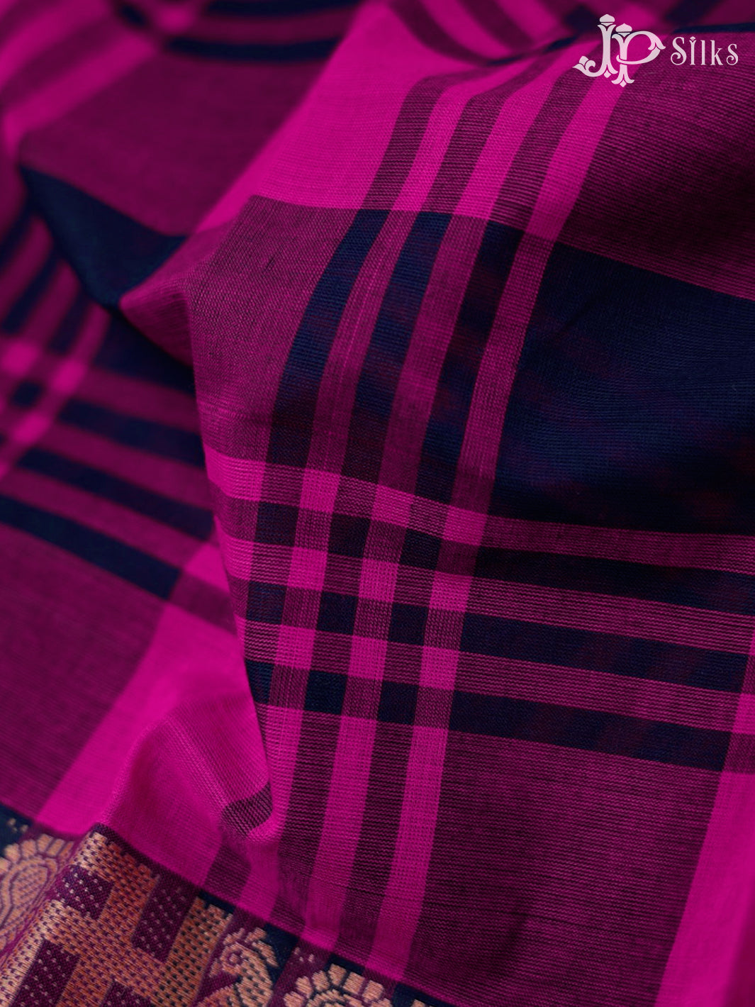 Pink And Navy Blue Cotton Saree - D2530