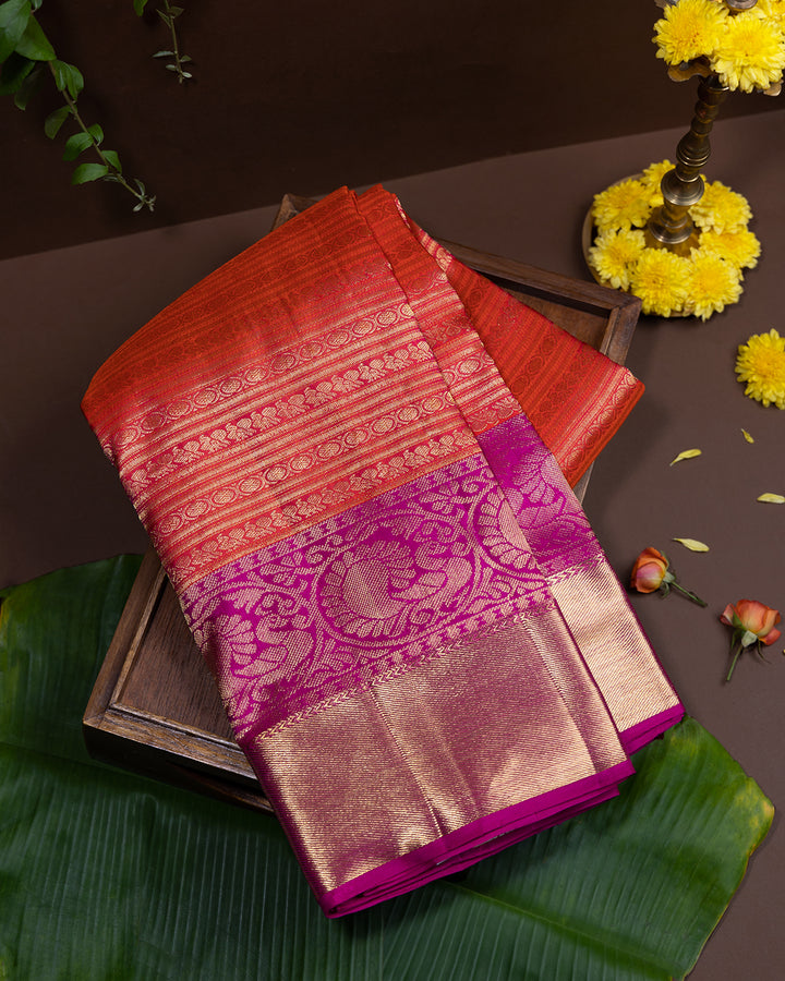 Orange And Pink Kanchipuram Silk Saree - A342