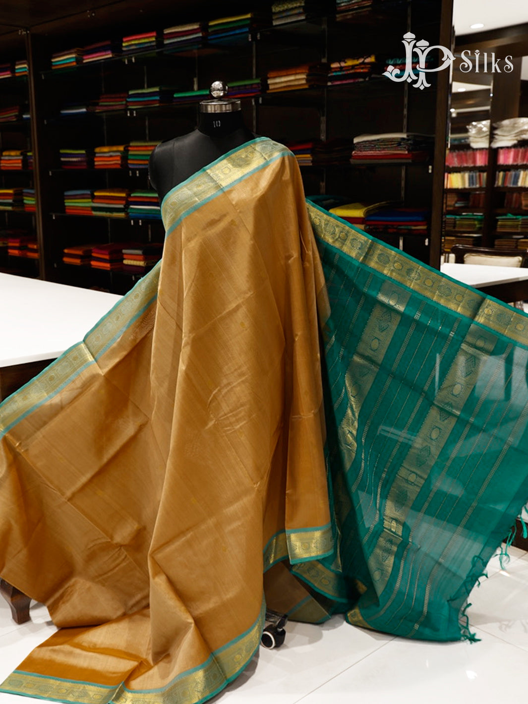 Dark Beige & Turquoise Blue Silk Cotton Saree - F3510-view2