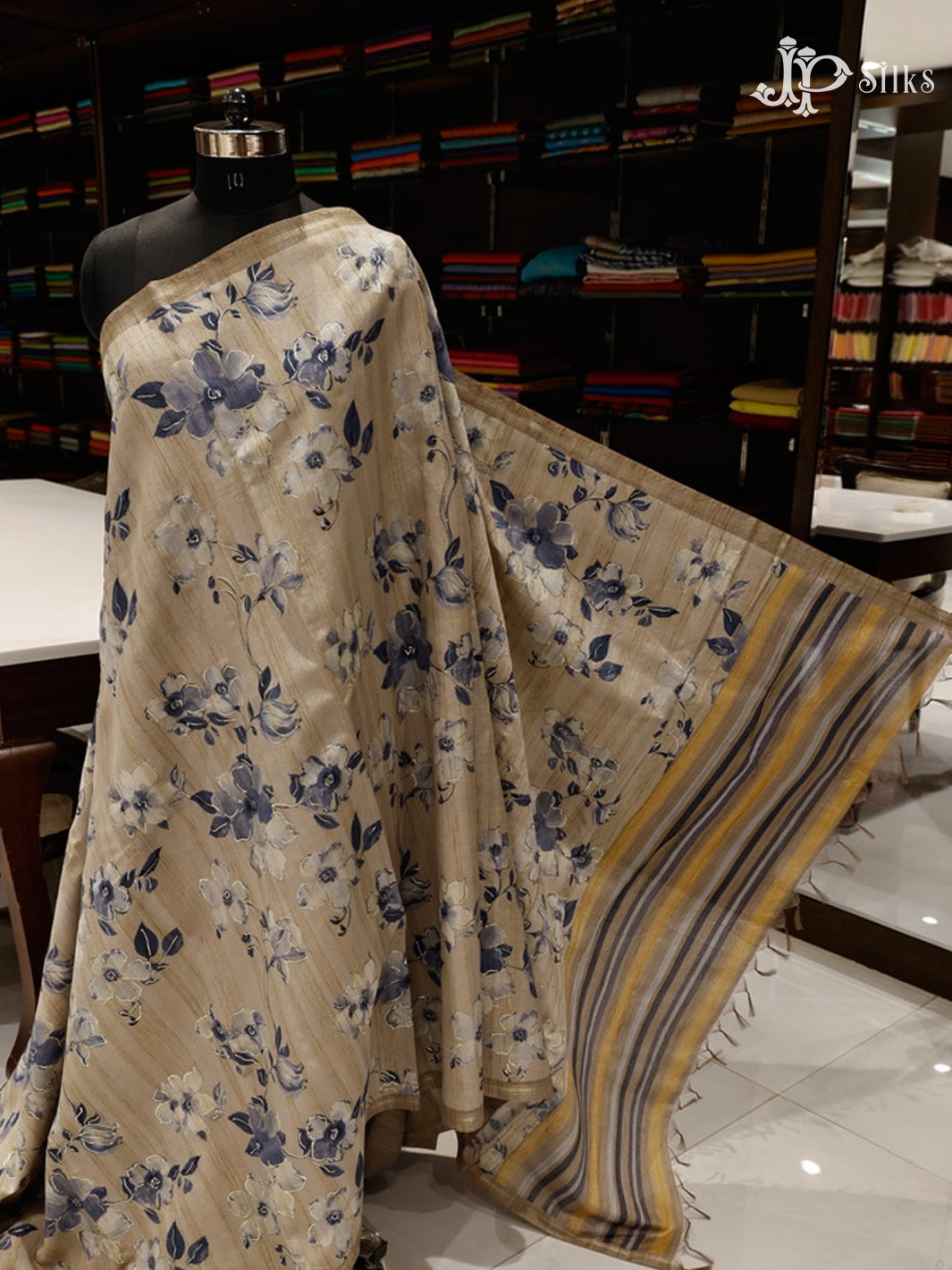 Beige Semi Tussar Silk Saree - E3234