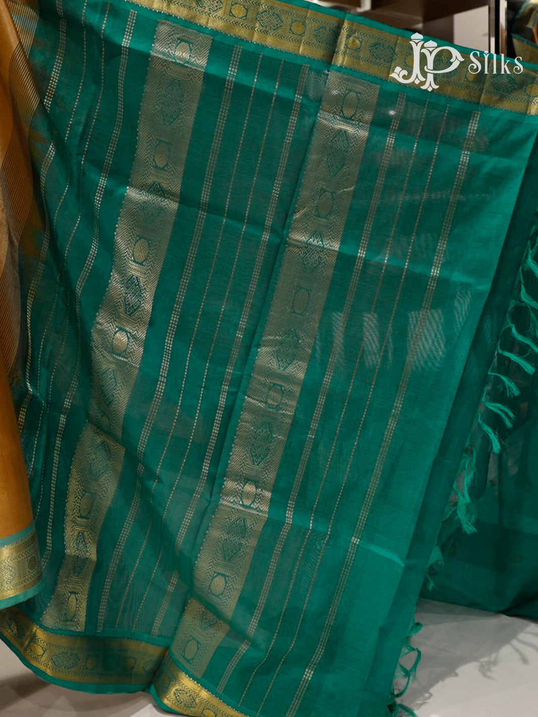 Dark Beige & Turquoise Blue Silk Cotton Saree - F3510-view5