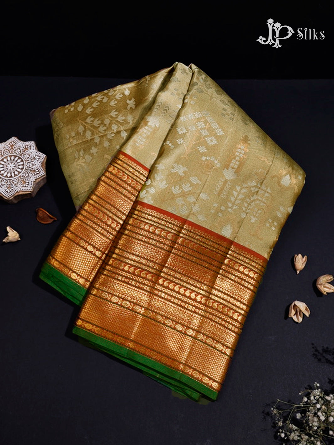 Beige & Falu Red Kanchipuram Silk Saree - D7249-view1