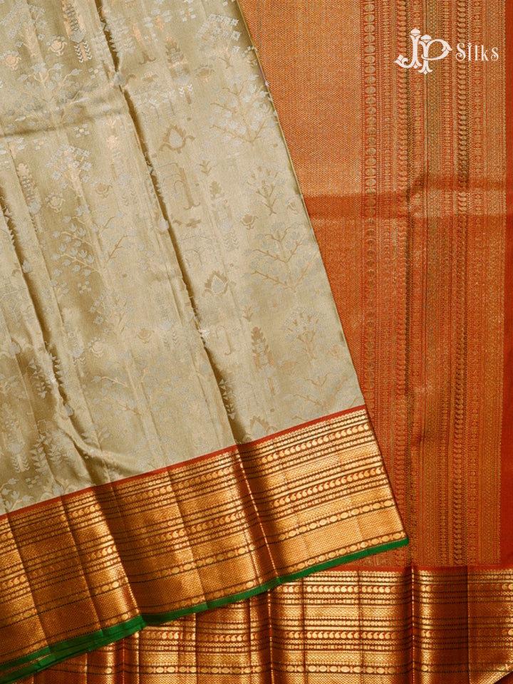 Beige & Falu Red Kanchipuram Silk Saree - D7249-view2