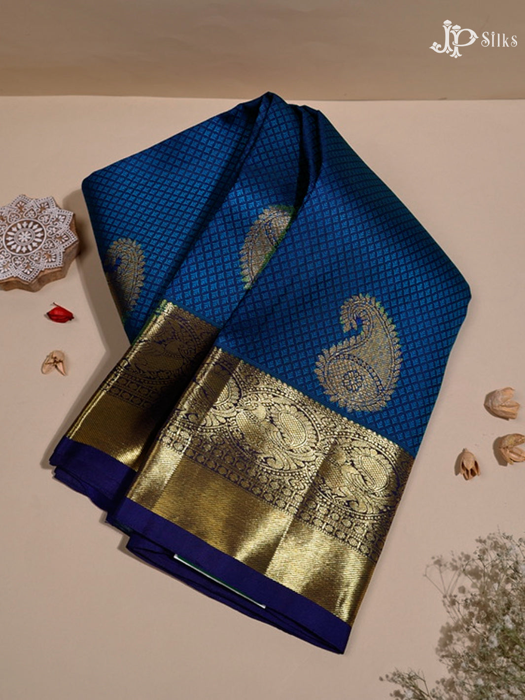 Navy blue & ink blue Kanchipuram Silk Saree - A2628-view1