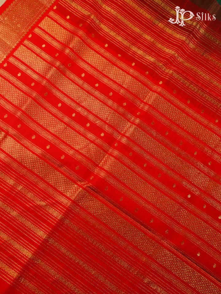Bottle Green and Red Silk Cotton Saree - F352
