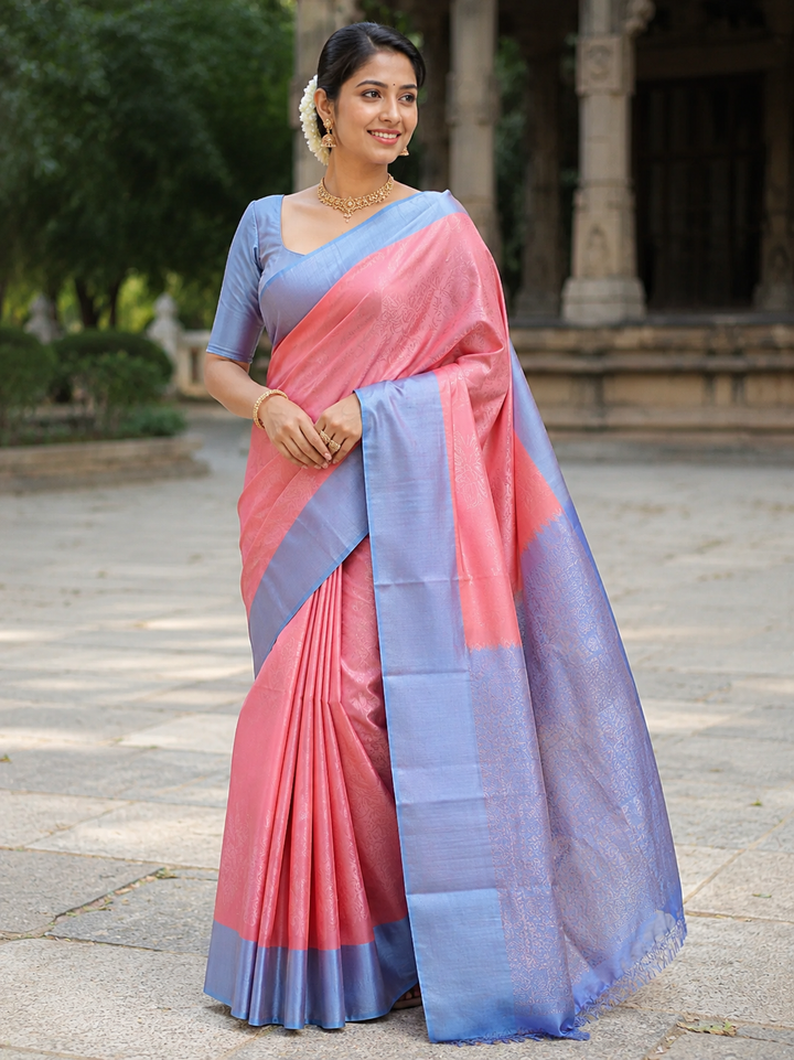 Peach Pink with Light Steel Blue Soft Silk Saree - E5616