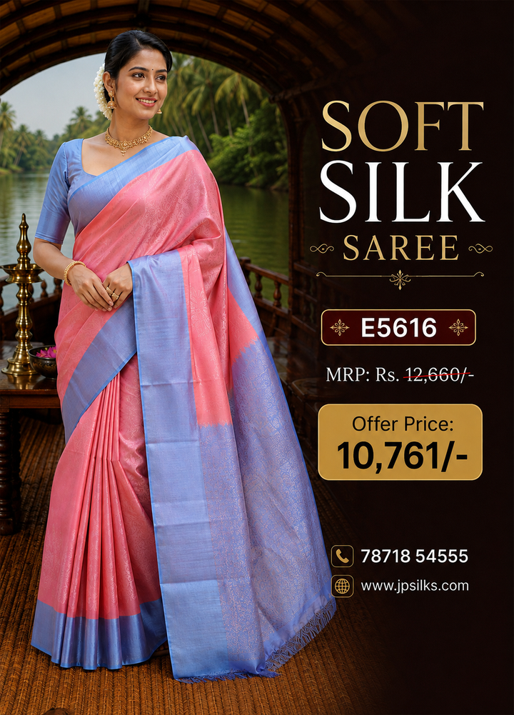 Peach Pink with Light Steel Blue Soft Silk Saree - E5616