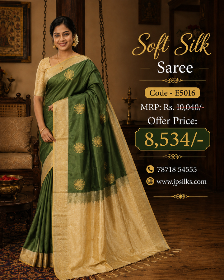 Hunter Green & Cream Soft Silk Saree - E5106