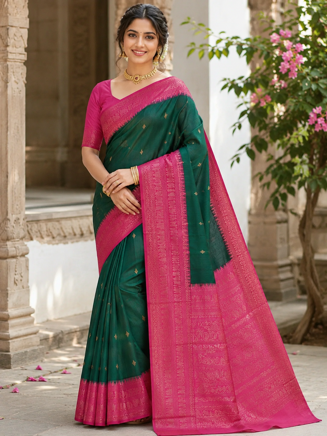 Bottle Green & Reddish Pink Soft Silk Saree - D5094