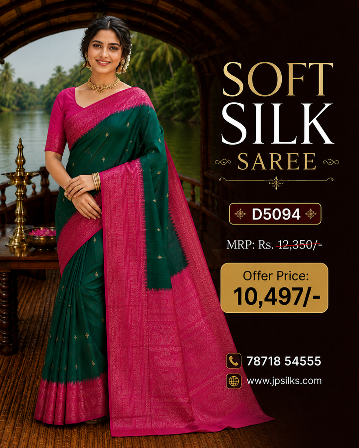 Bottle Green & Reddish Pink Soft Silk Saree - D5094