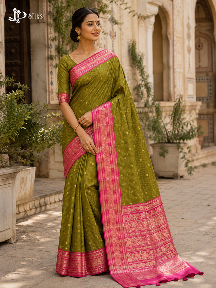 Mehandi Green & Rani Pink Pure Silk Mix Saree - G937