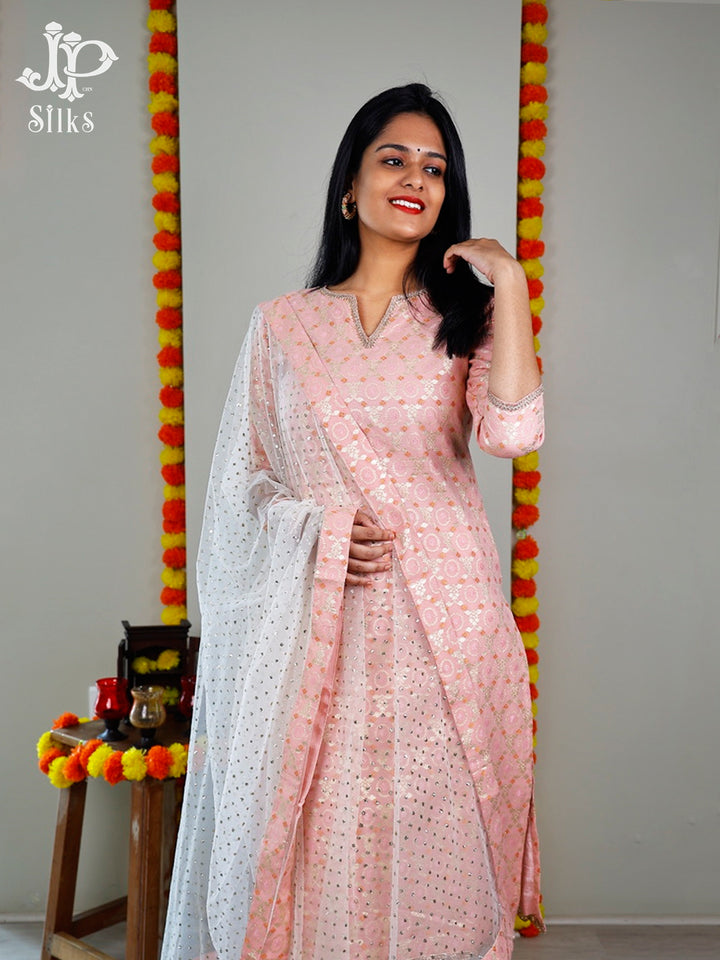 Baby Pink And White Floral Design Readymade Salwar Suit