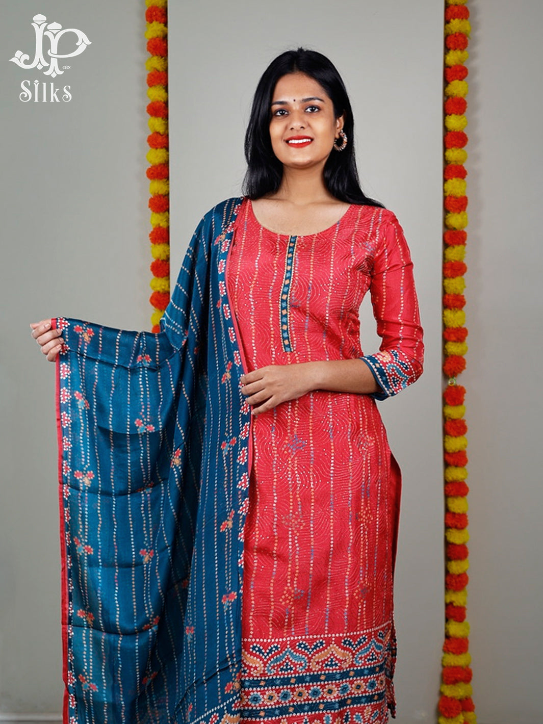 Reddish Pink And Sea Blue Bandhini Print Readymade Salwar Suit