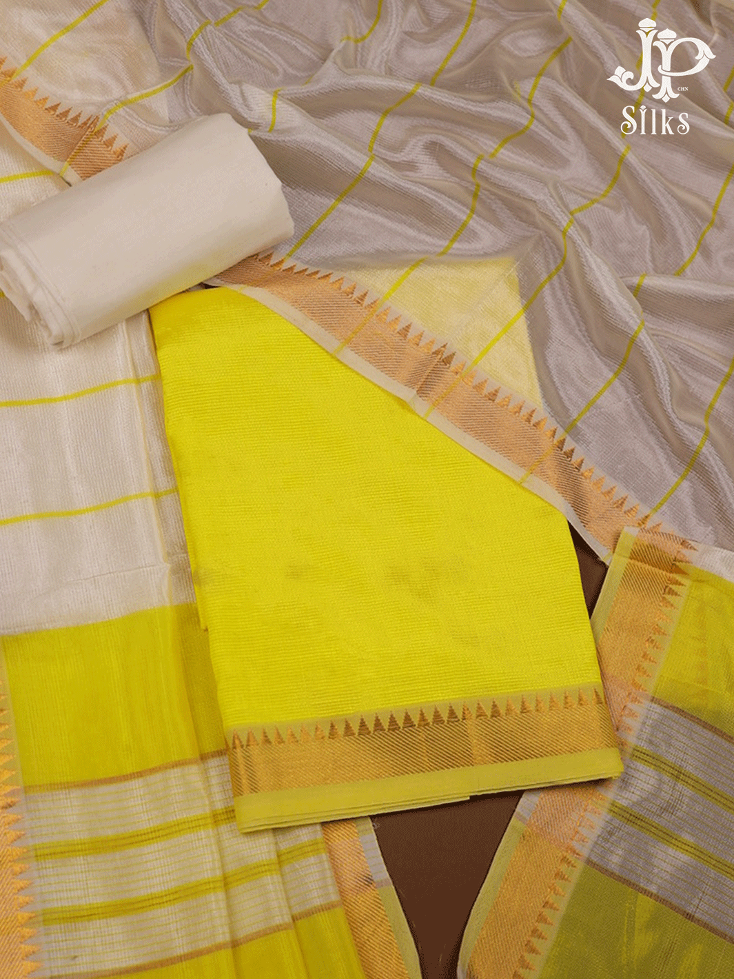 Yellow and White Raw Silk Chudidhar Material - D9099