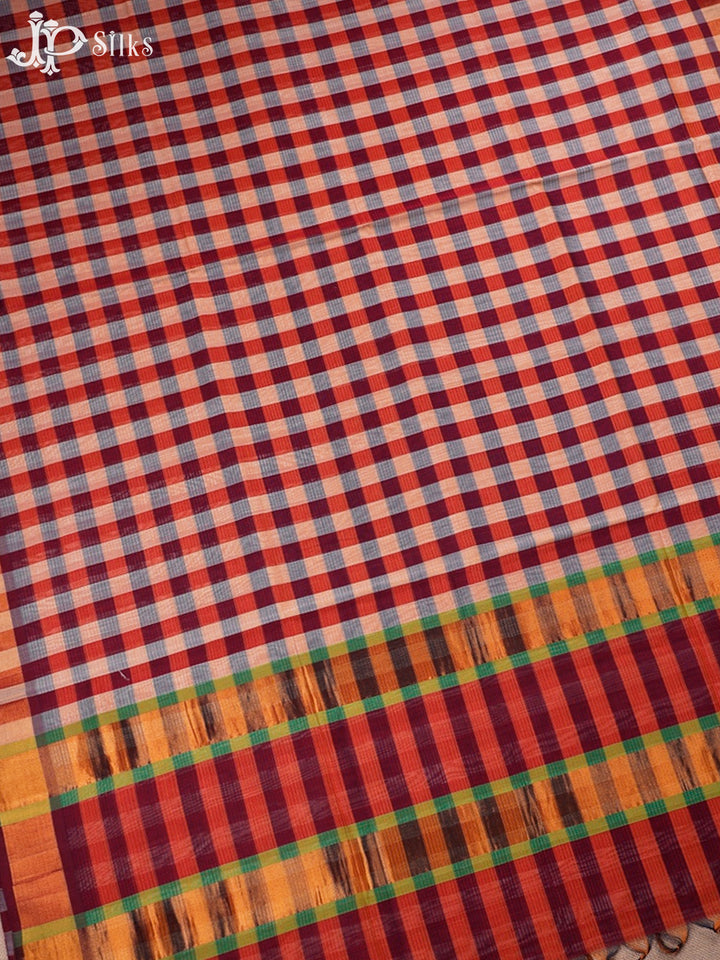 Maroon, White And Light Red Venkatagiri Cotton Saree - D9923