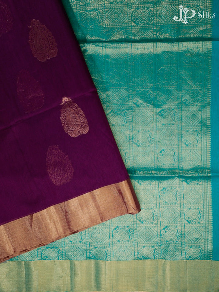 Purple and Teal Blue Kora Cotton Saree - G334