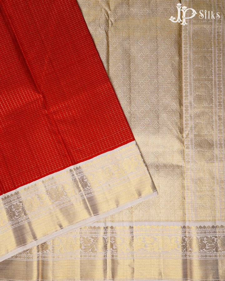 Red And Half White Kanchipuram Silk Saree - F3485