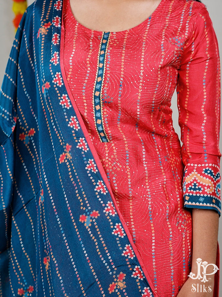 Reddish Pink And Sea Blue Bandhini Print Readymade Salwar Suit