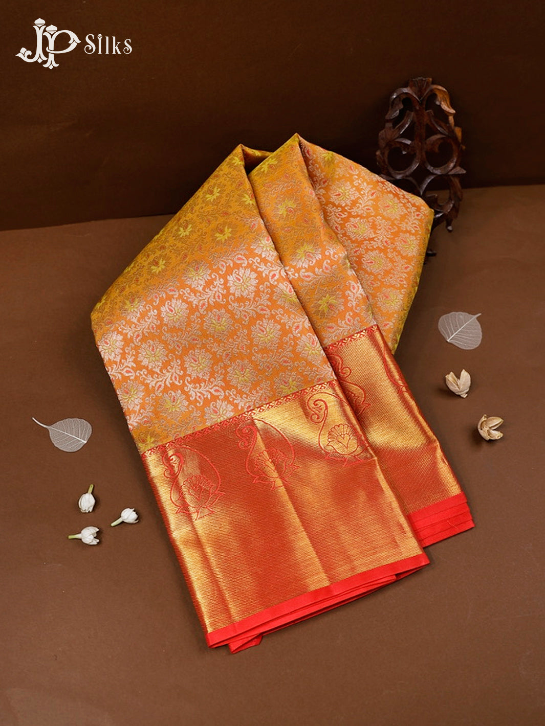 Dual Shade Rust Orange And Yellow With Pink Kanjivaram Silk Saree - E3611 