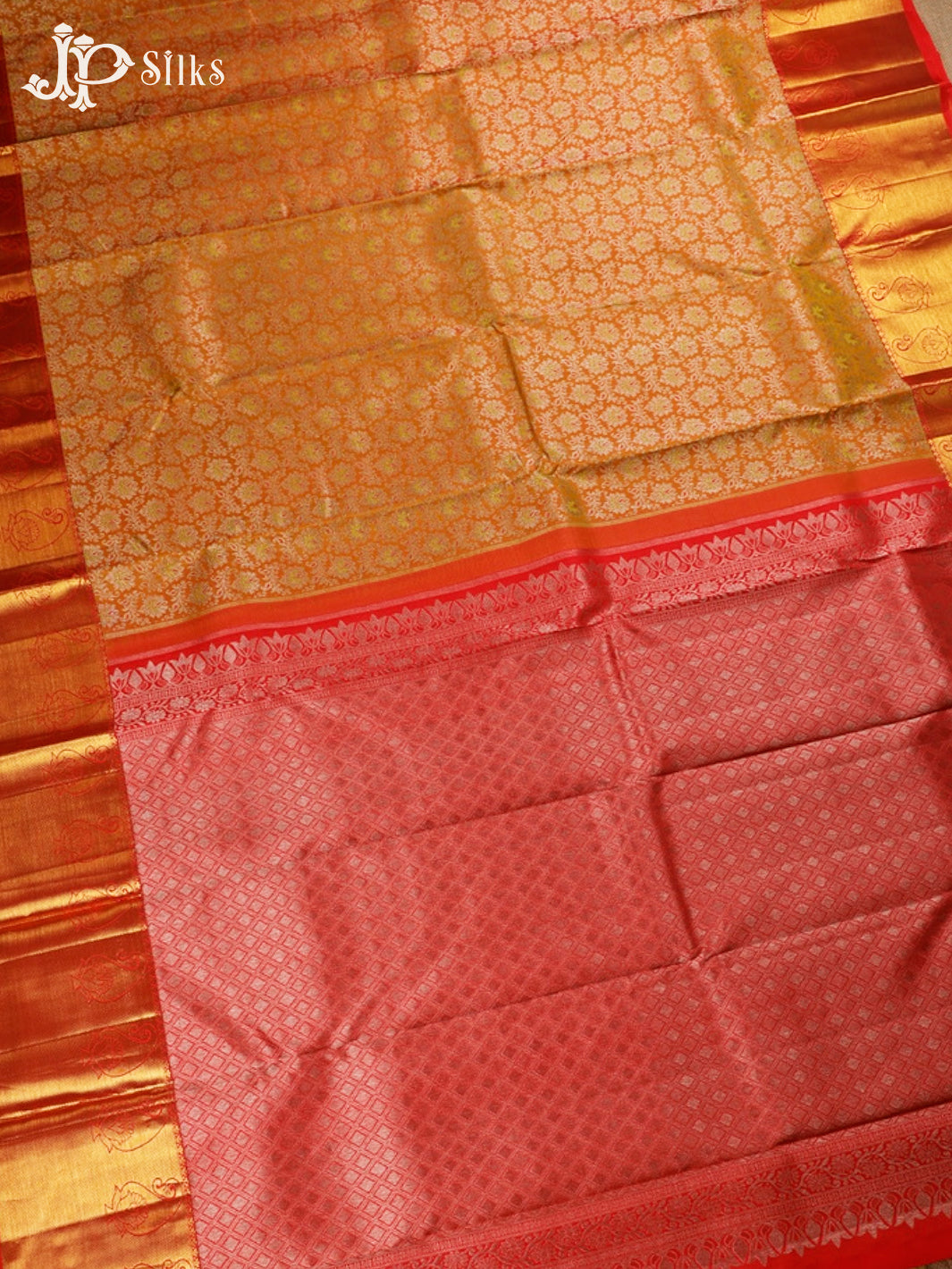 Dual Shade Rust Orange And Yellow With Pink Kanjivaram Silk Saree - E3611 2