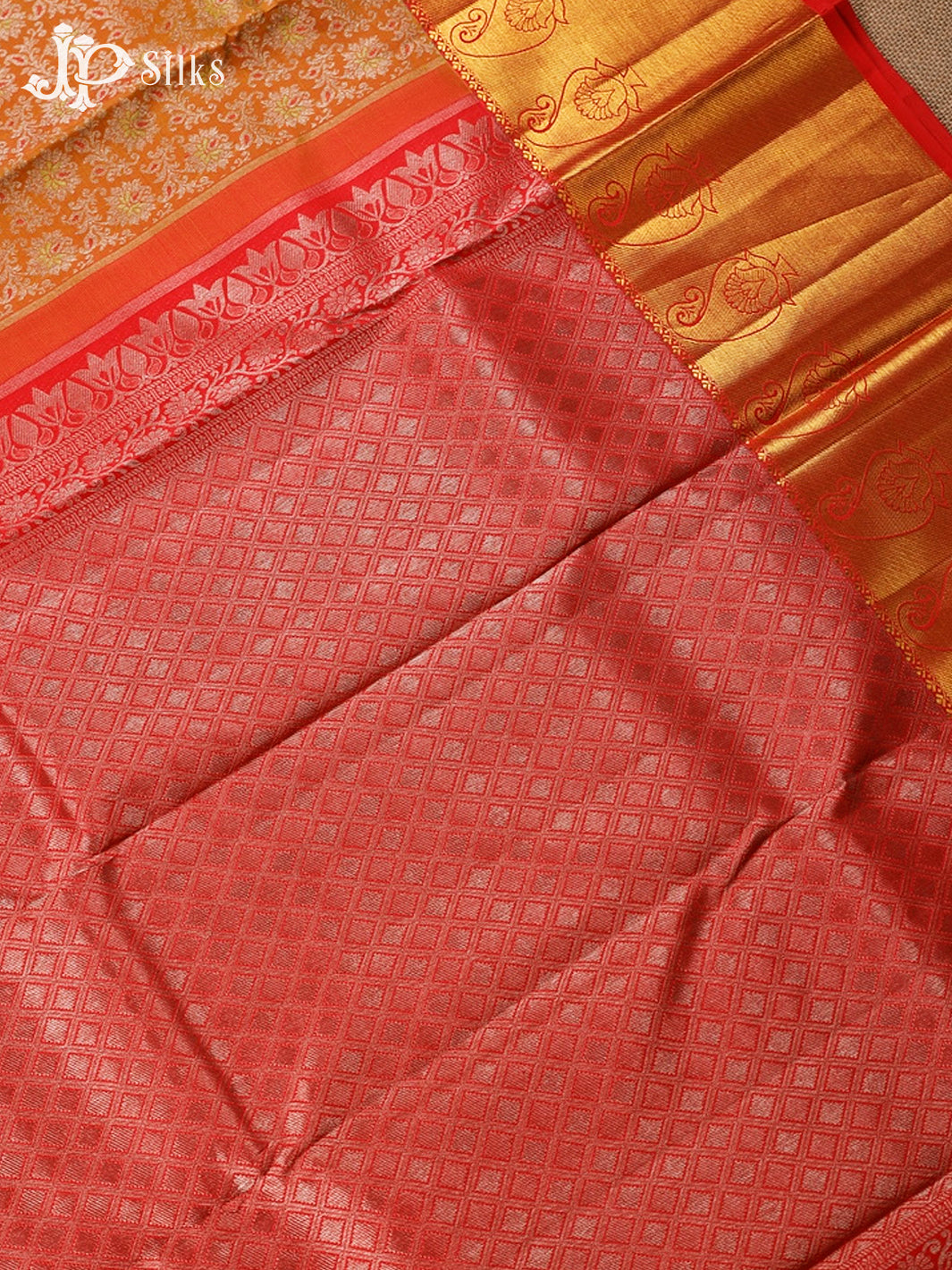 Dual Shade Rust Orange And Yellow With Pink Kanjivaram Silk Saree - E3611 5