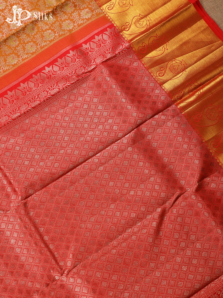 Dual Shade Rust Orange And Yellow With Pink Kanjivaram Silk Saree - E3611 5