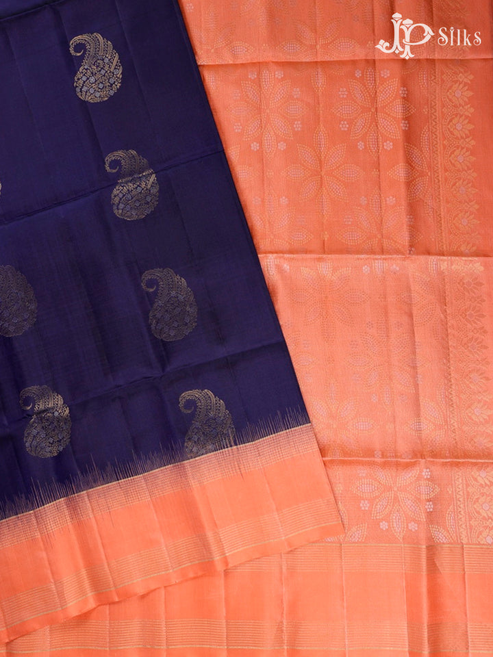 Dark Navy Blue And Peach Soft Silk Saree - F3520