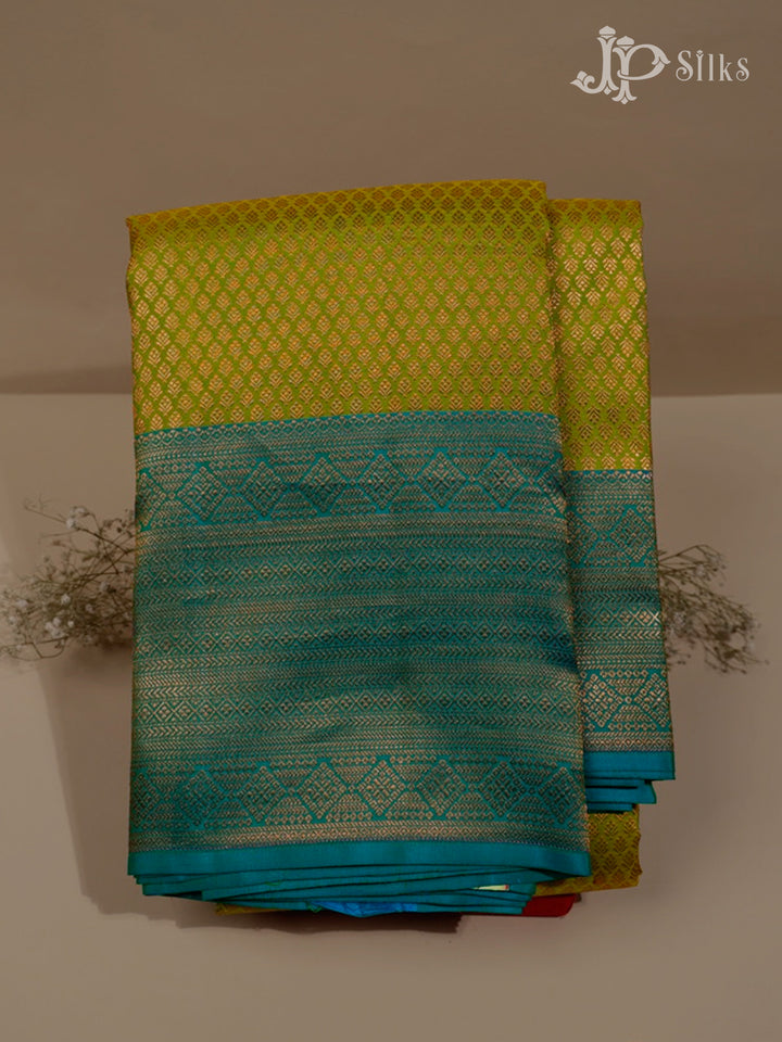 Leaf Green & Turquoise Blue Kanchipuram Silk Saree - E2482-view1