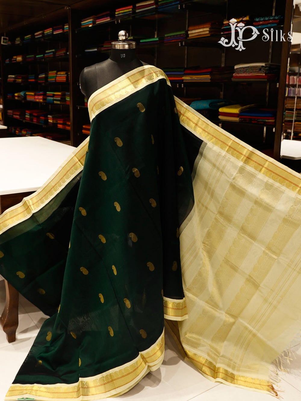 Bottle Green & Off-White  Silk Cotton Saree - F3648-view2