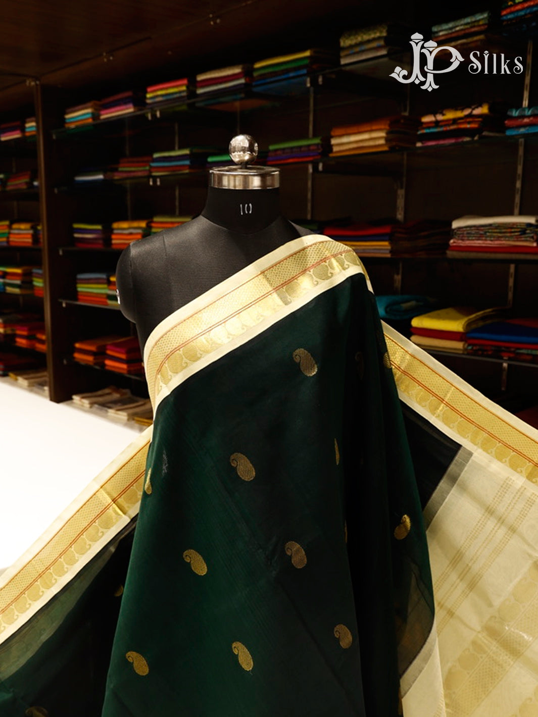 Bottle Green & Off-White  Silk Cotton Saree - F3648-view1